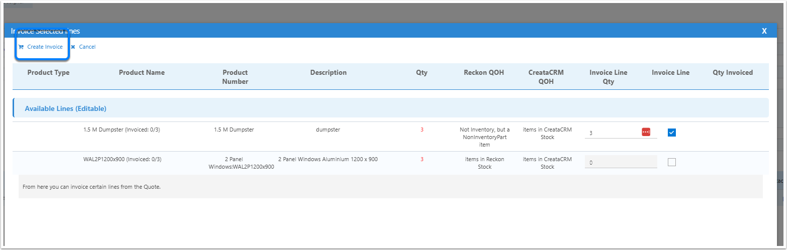 Invoice Selected Lines screen with quantity and line selection controls