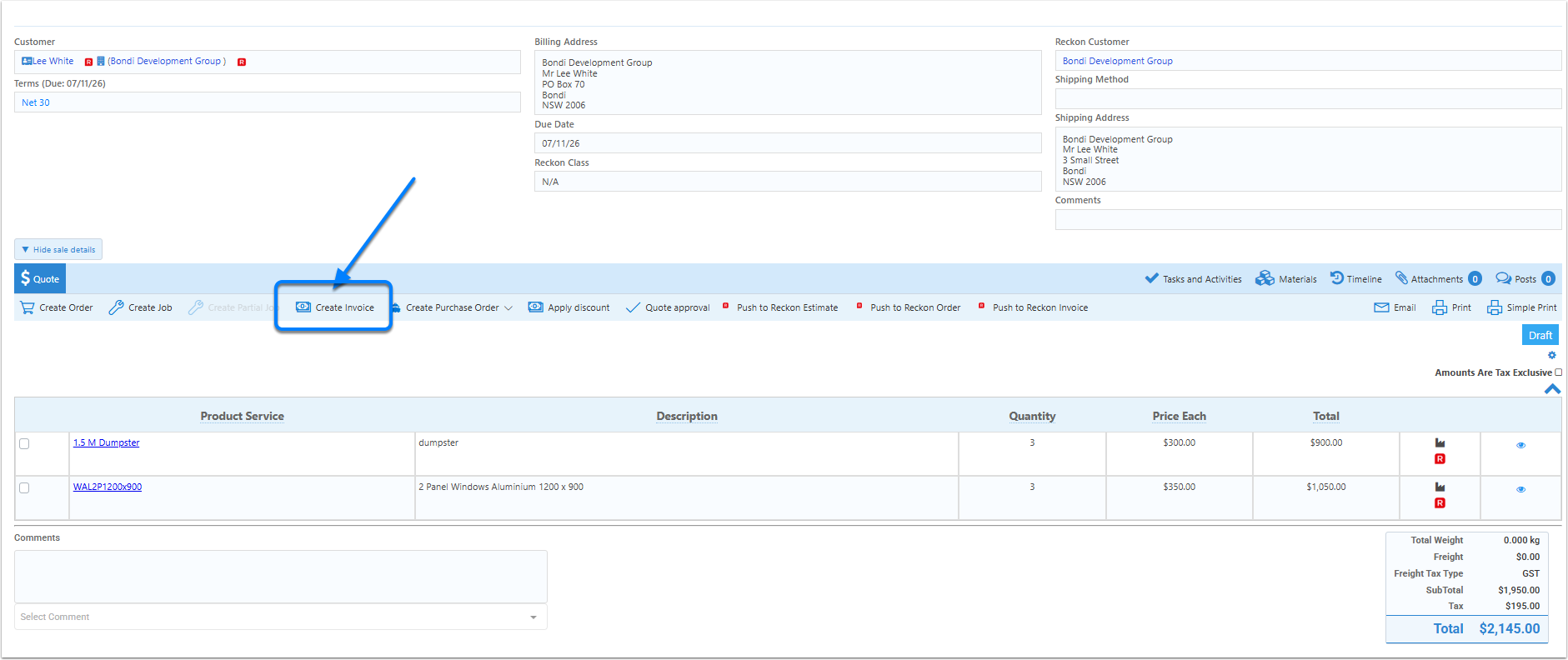 Create Invoice action on a sales quote