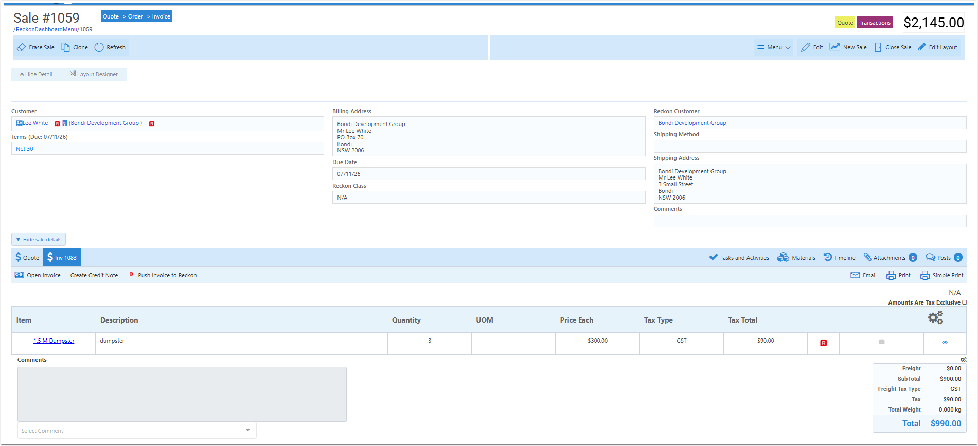 New invoice created from a quote and displayed on the sale