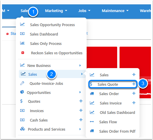Sales menu showing the Sales Quote option
