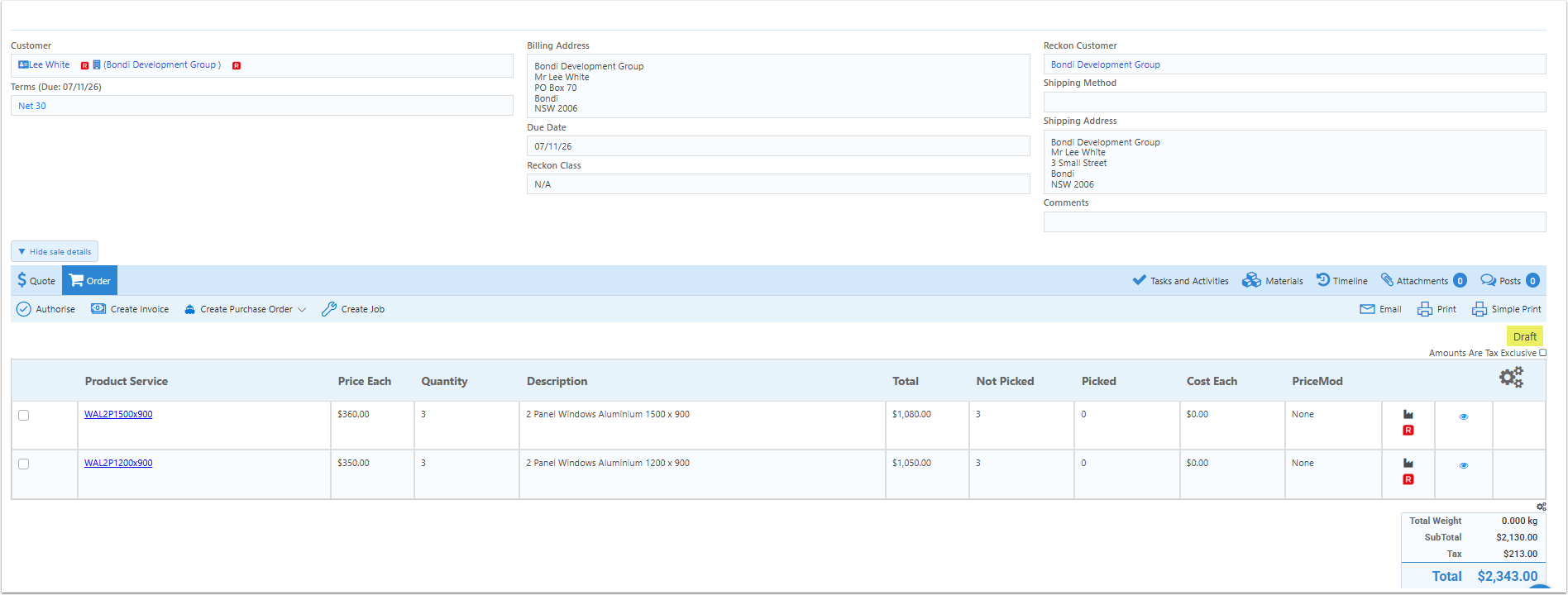 Created sales order showing order lines and totals