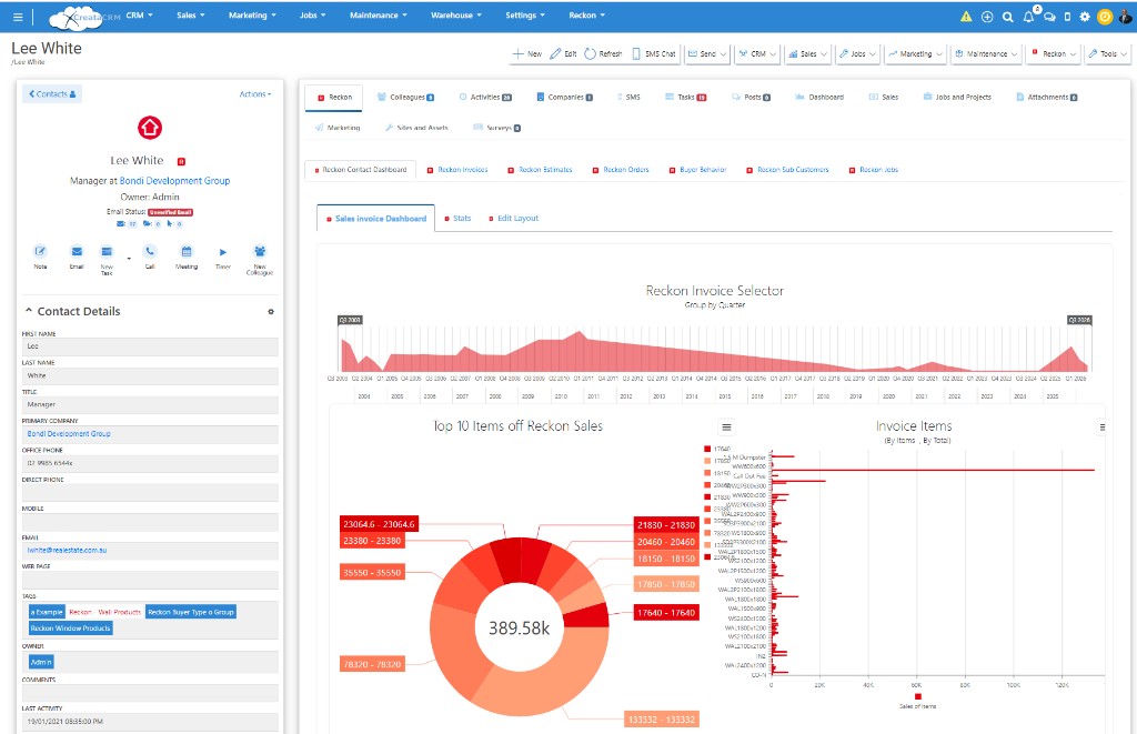CreataCRM contact with Reckon invoices, estimates and sales dashboards