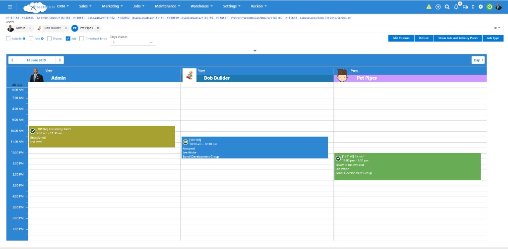 CreataCRM jobs schedule board with team day view