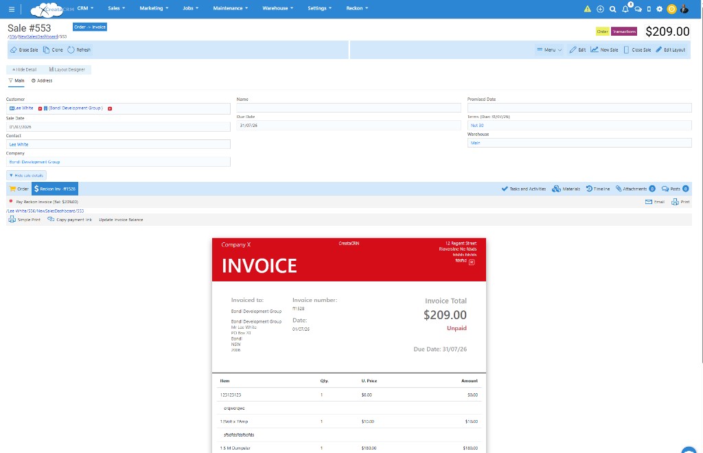 CreataCRM sale with Reckon invoice preview