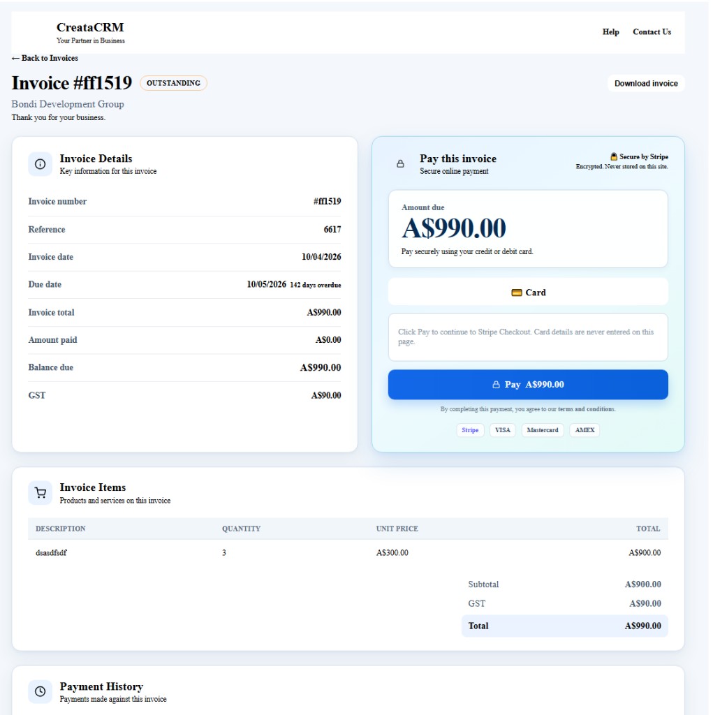 CreataCRM invoice portal with Stripe payment for a Reckon invoice