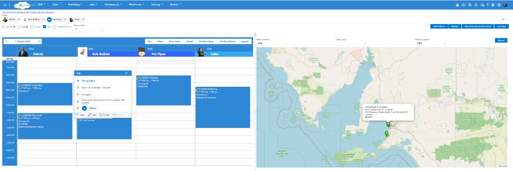 CreataCRM job schedule and map, with staff calendars and job locations