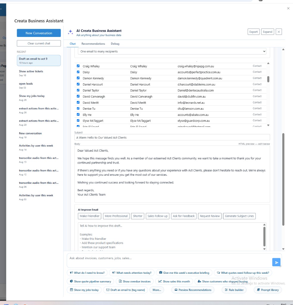 Creata Assistant drafting an audience email with AI Improve Email options including Make Friendlier and Generate Subject Lines