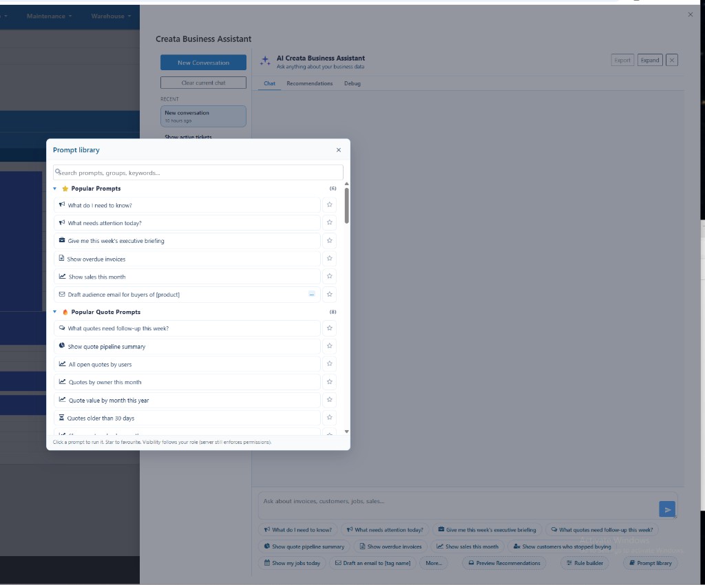 Creata Business Assistant Prompt Library with marketing prompts including draft audience email
