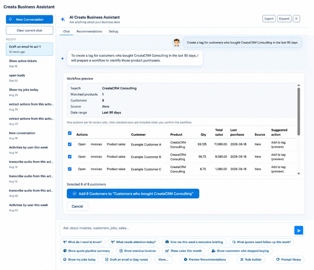 Creata Business Assistant purchase-based audience: matching customers reviewed before adding to a marketing tag