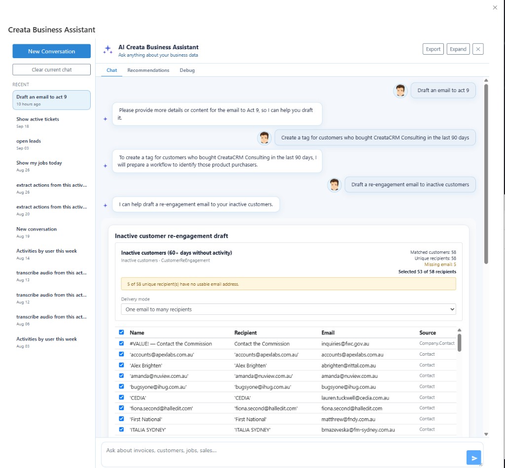 Creata AI inactive customer re-engagement draft showing matched recipients and missing email addresses