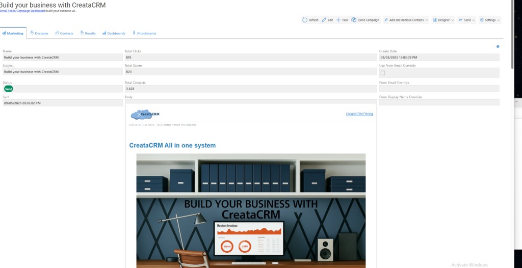 CreataCRM Campaign Dashboard showing sent campaign with contacts, opens, clicks, designer and send actions