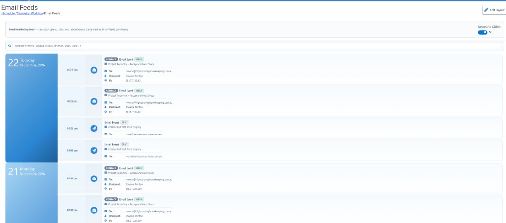 CreataCRM Email Feeds timeline showing campaign email sent and open events