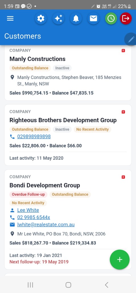 CreataCRM Mobile customers list for Australian field teams — balances and follow-ups on phone