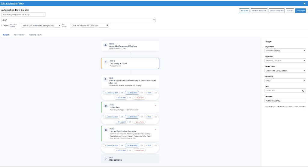 CreataCRM automation flow for assembly component shortage and reorder alerts