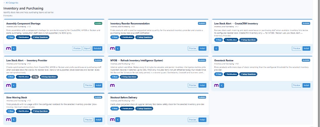 Inventory and Purchasing automation templates including reorder and low stock alerts for MYOB