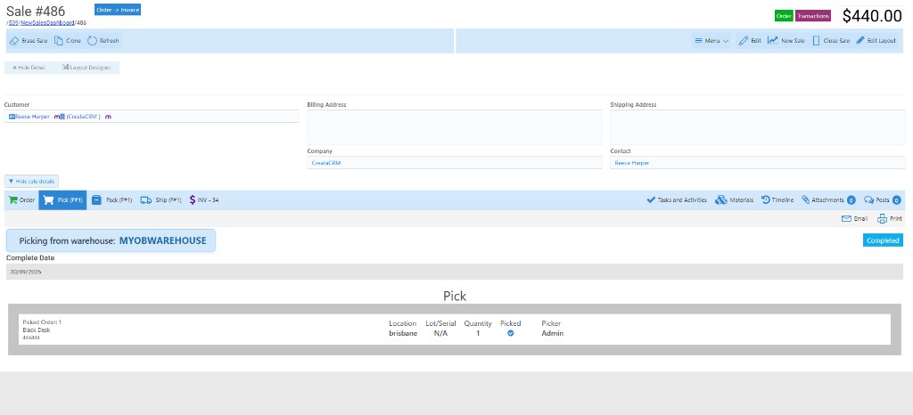 CreataCRM sale pick from MYOB warehouse with pack, ship and invoice