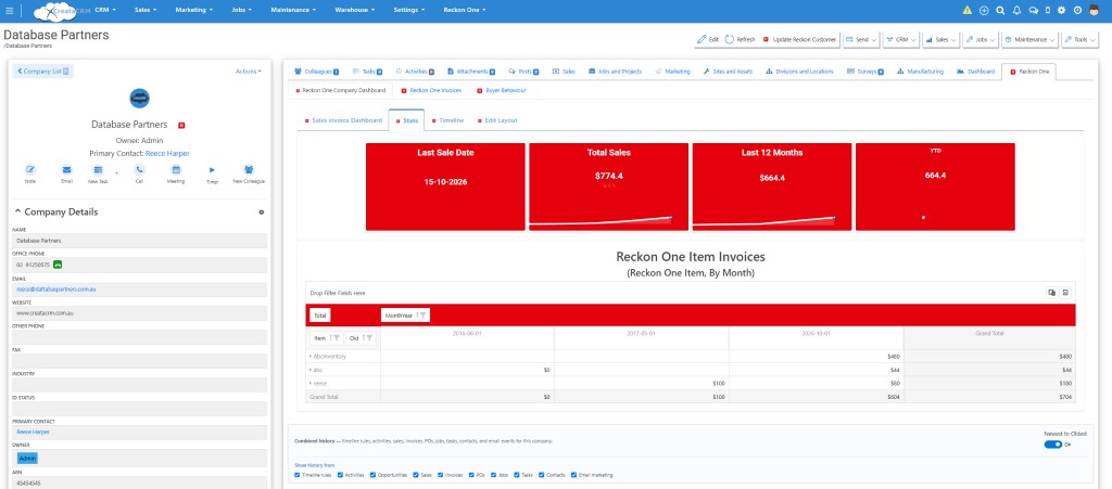 CreataCRM company record with Reckon One sales totals and item invoices