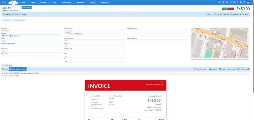 CreataCRM sale with a Reckon One invoice
