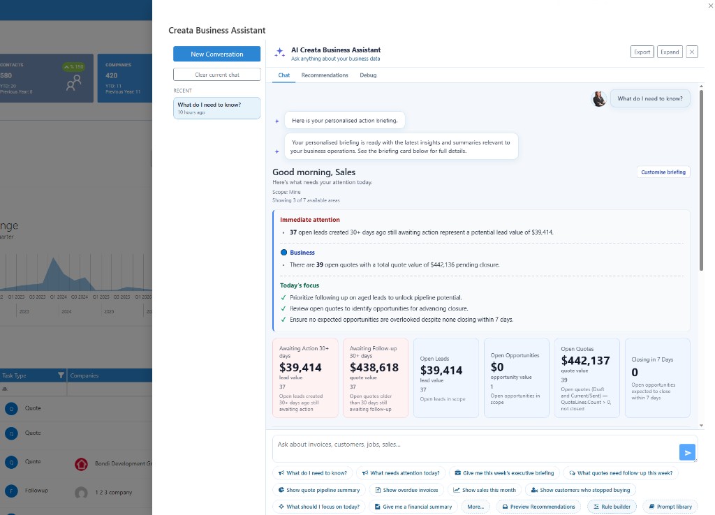 Creata Business Assistant sales briefing with open leads, quotes and attention cards