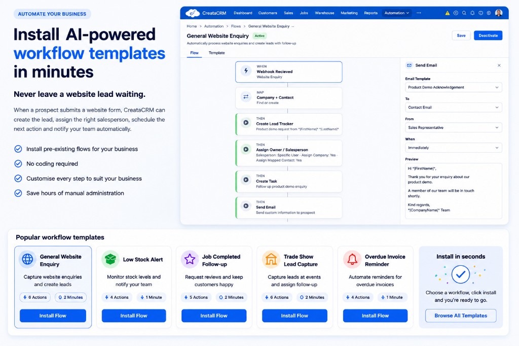 CreataCRM automation flow for General Website Enquiry with popular AI-powered workflow templates