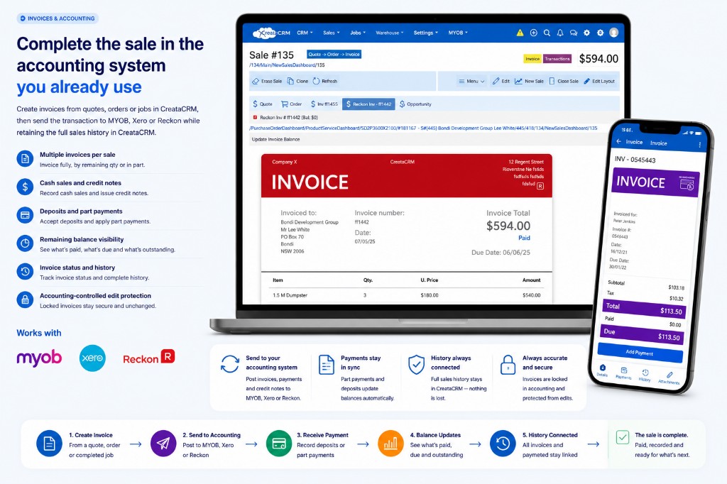 CreataCRM invoice linked to MYOB, Xero or Reckon with payment balance on desktop and mobile