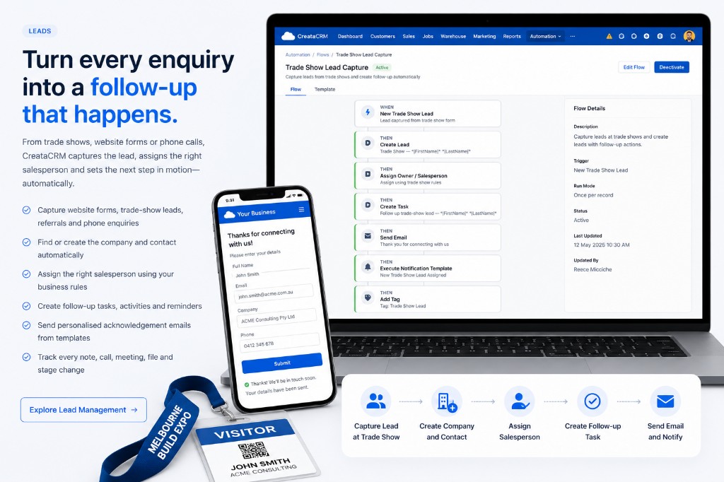 CreataCRM trade show lead automation — capture lead, assign salesperson, create follow-up and send email