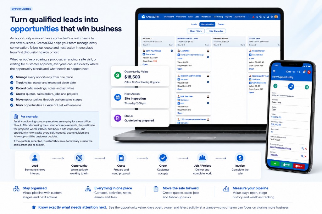 CreataCRM opportunity board with pipeline stages, value tracking and mobile opportunity entry