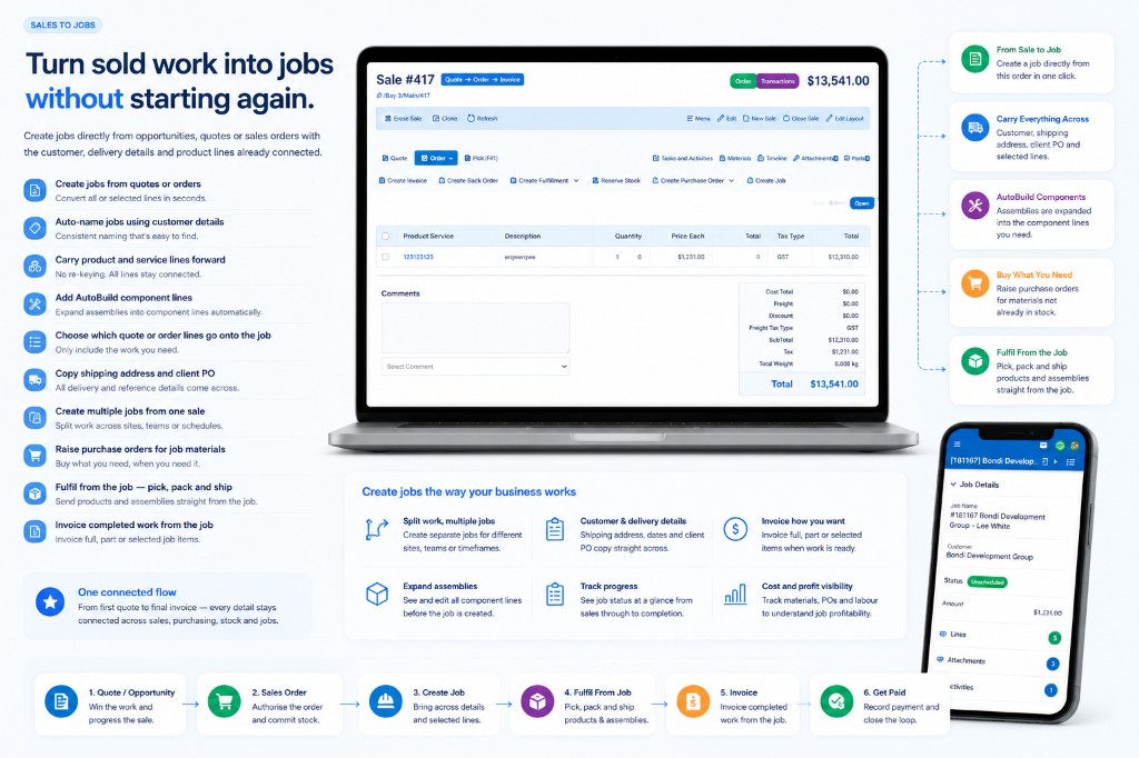 CreataCRM create job from sales order — customer, lines and delivery details carried across