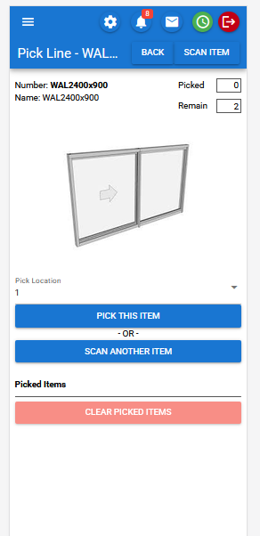 CreataCRM mobile Pick Line with scan item, pick location and remaining quantity