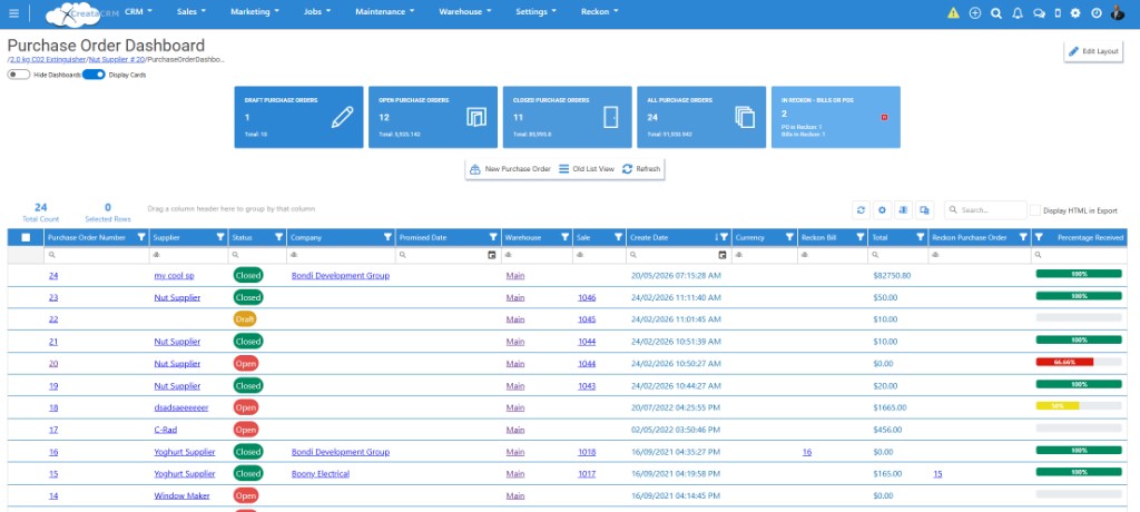 CreataCRM Purchase Order Dashboard showing open and closed POs with percentage received into warehouse stock